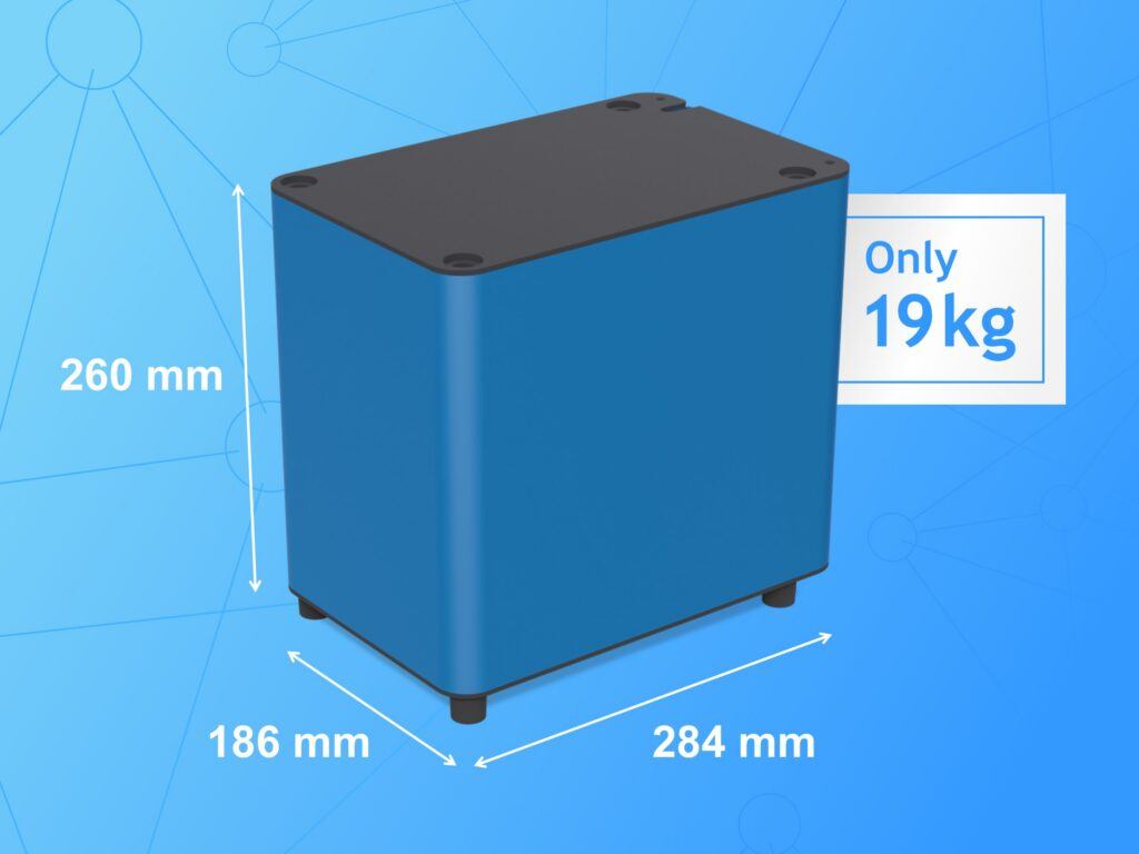 Modrá batéria v tvare kvádra s rozmermi 260x186x284 mm a hmotnosťou 19 kg