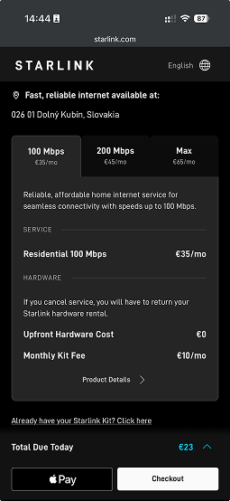 Mobilná obrazovka s ponukou internetových služieb Starlink v Dolnom Kubíne s mesačným poplatkom