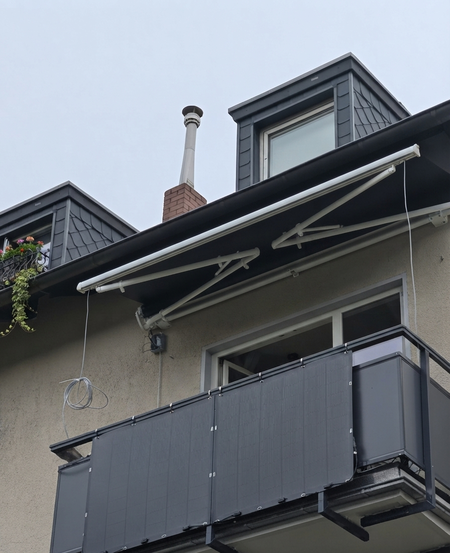 Výsuvná markíza namontovaná na fasáde domu nad balkónom s fotovoltickými panelmi