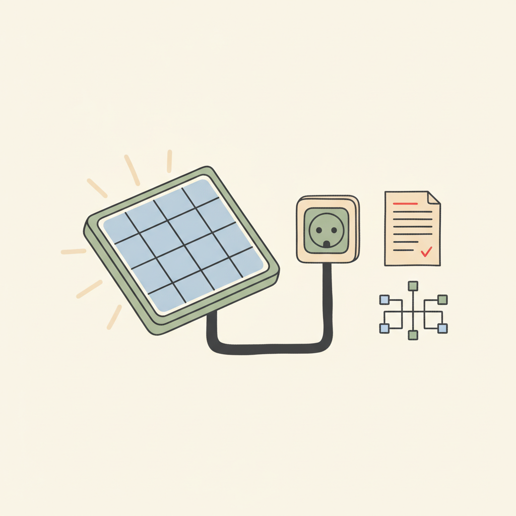 Ilustrácia zobrazujúca solárny panel, elektrickú zásuvku a symbol zmluvy